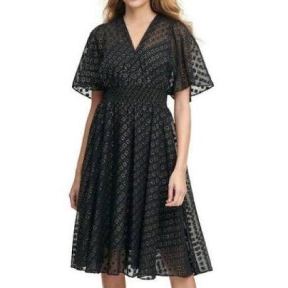 Calvin Klein Embroidered Chiffon V-Neck Midi Dress